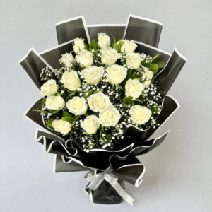 15 White Roses Black Paper Bouquet