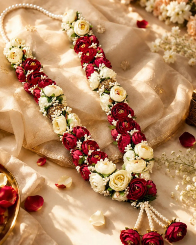Red and white roses with Jaismine varmala